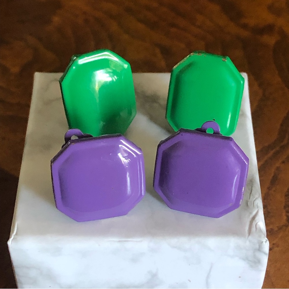 Vintage set of two pairs painted metal clip on earrings